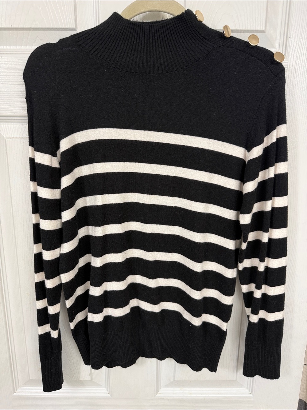 Joseph A Black & White Striped Cowl/Turtleneck Sweater with Gold Buttons